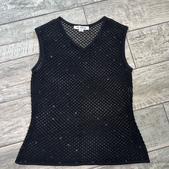 St. John mesh sleeveless top. Black with rhinestone accents. Size S. - Picture 1 of 11